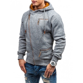 men hooded sweater personality side zipper light gray